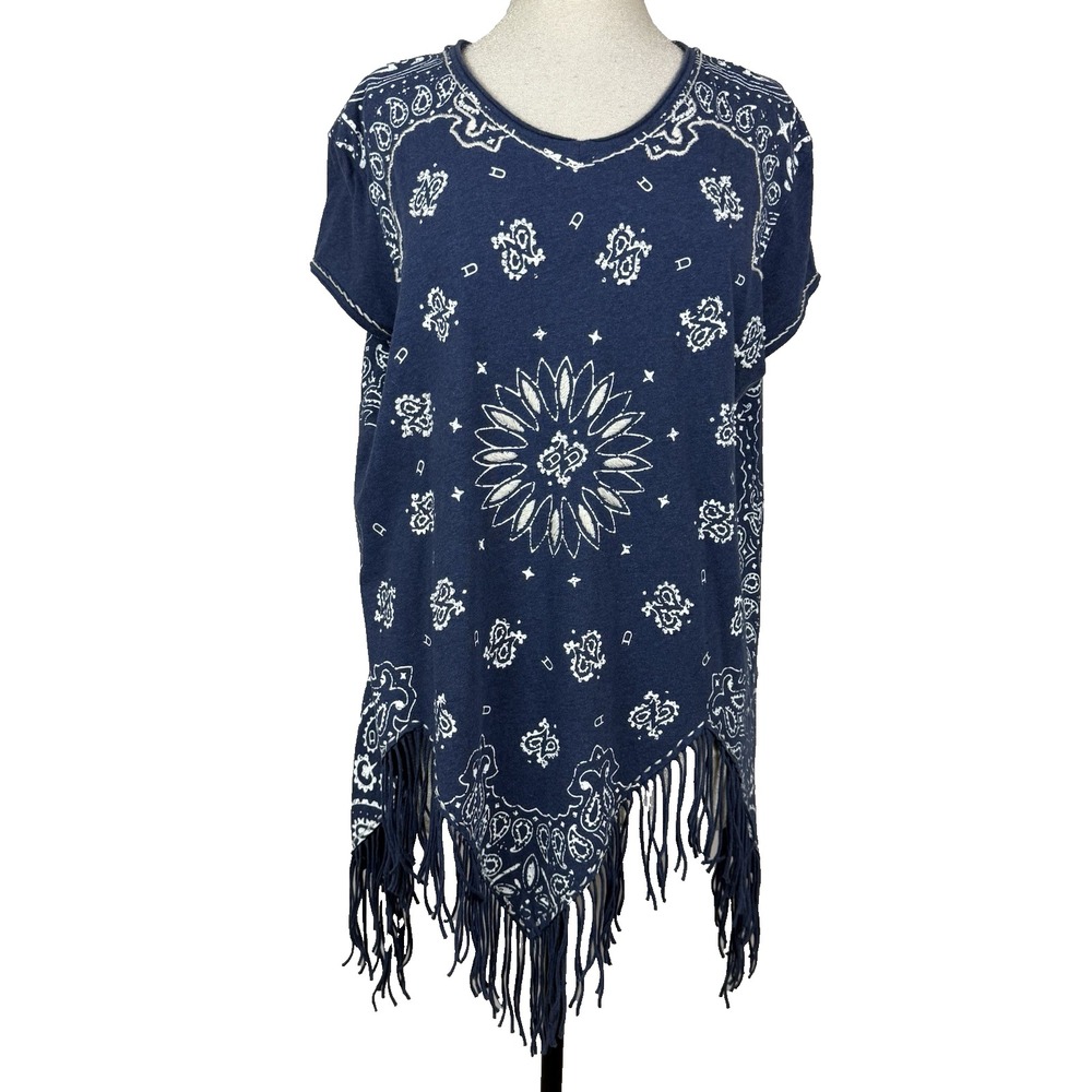 Double D Ranch Bandana Print Top Women L Beaded Fringed Blouse Blue Cowgirl Boho